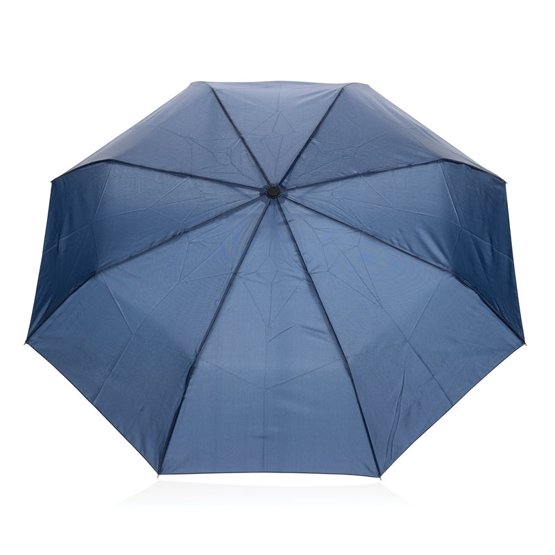 Load image into Gallery viewer, XD Collection Yara 21-inch AWARE™ RPET solid color umbrella with carabiner, open with handle and fabric canopy visible.