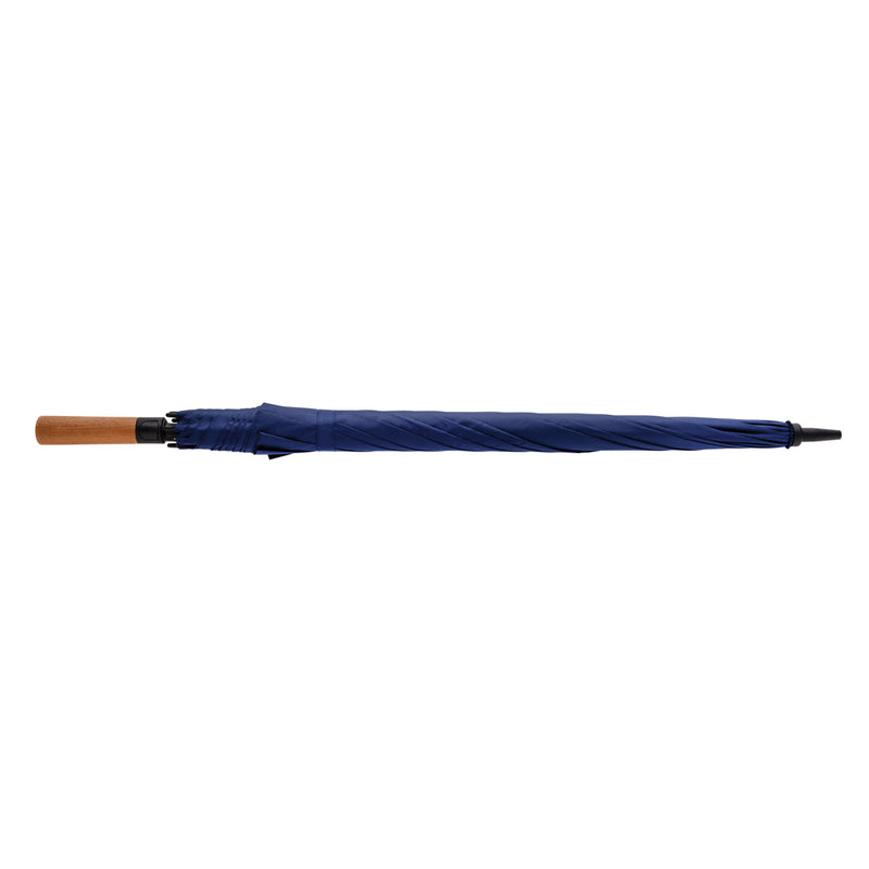 Load image into Gallery viewer, XD Collection Tony Aware RPET 30-inch acacia auto open umbrella, open with wooden handle and green canopy in natural outdoor setting.
