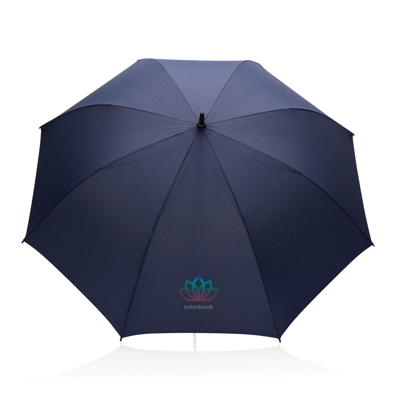 Load image into Gallery viewer, XD Collection Tony Aware RPET 30-inch acacia auto-open umbrella with eco-friendly design and wooden handle, opened outdoors.