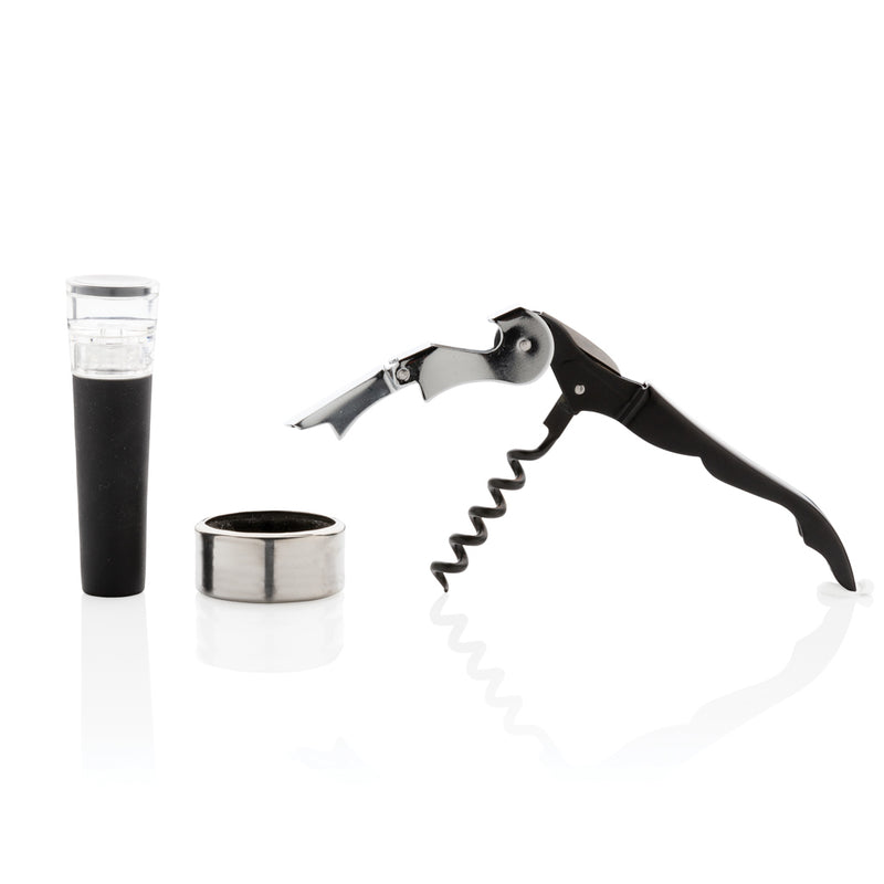 Load image into Gallery viewer, XD Collection Vino Sommelier 3-piece set including corkscrew, foil cutter, and wine pourer on a wooden background.