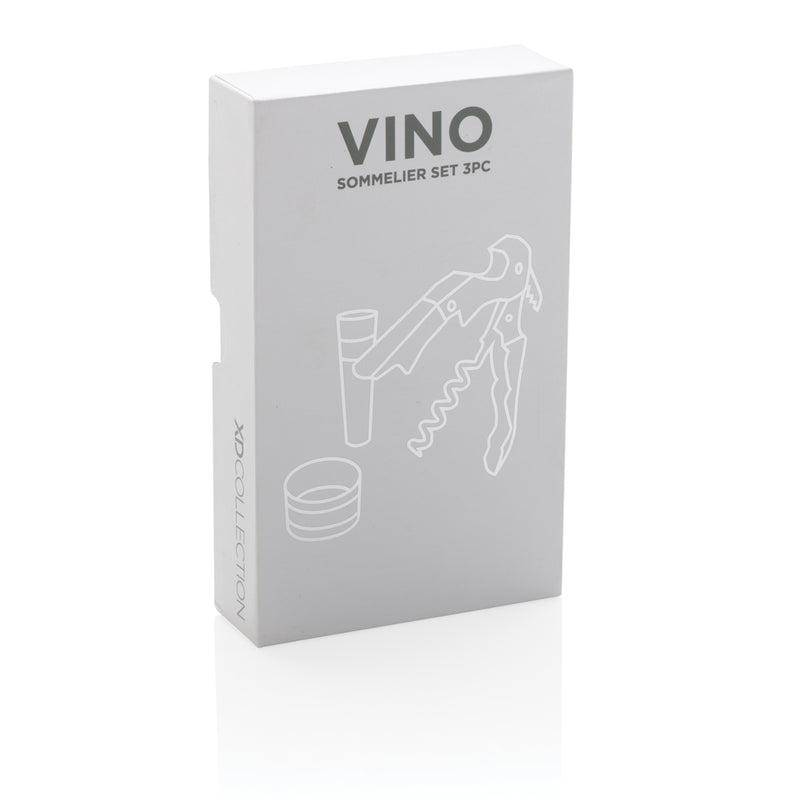 Load image into Gallery viewer, XD Collection Vino Sommelier 3-piece set for wine tasting, including corkscrew, foil cutter, and wine pourer, on a wooden surface.