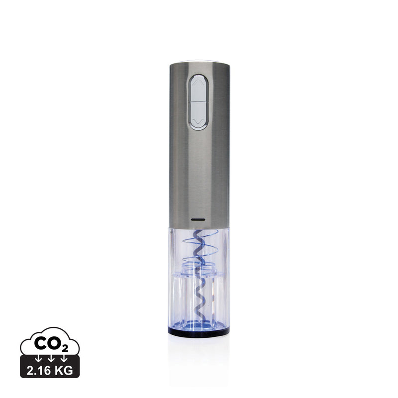 Load image into Gallery viewer, XD Collection electric wine opener, USB rechargeable, shown in use with a wine bottle and corkscrew mechanism.
