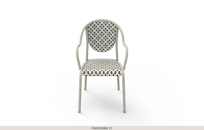 Load image into Gallery viewer, Fermob Parisienne 21 steel bistro chair with a curved back and metal slats, ideal for outdoor use.