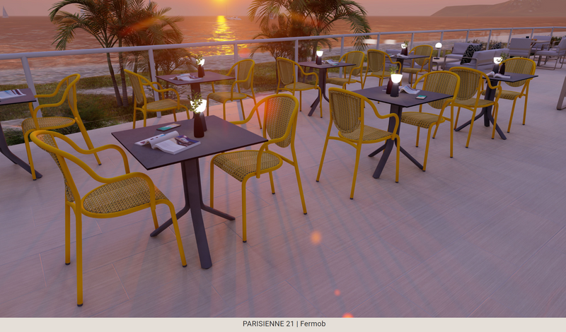 Load image into Gallery viewer, Yellow Fermob Parisienne 21 steel bistro chair for outdoor use, featuring a classic metal design and slender legs.