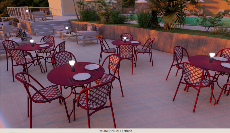 Load image into Gallery viewer, Fermob Parisienne 21 steel outdoor bistro chair with curved back and slatted seat in black finish.