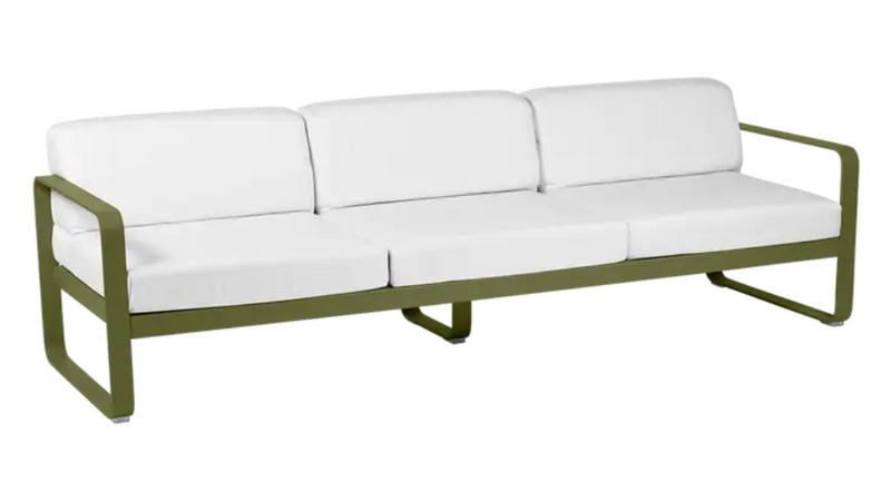 Load image into Gallery viewer, Fermob Bellevie 3-seater outdoor sofa with white cushions and metal frame, designed for stylish outdoor relaxation.