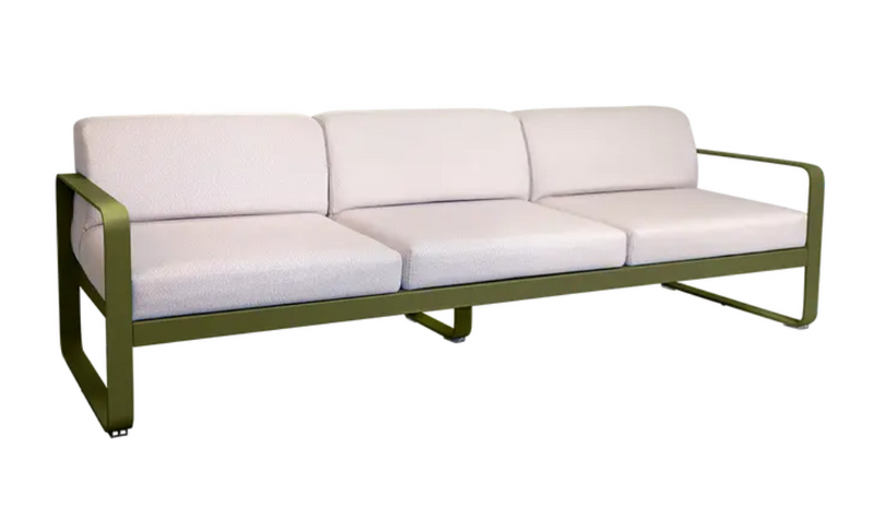 Load image into Gallery viewer, Fermob Bellevie 3-seater outdoor sofa with metal frame in Pesto Pearl color, designed for outdoor garden or patio use.