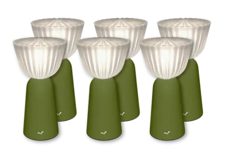 Load image into Gallery viewer, Six Fermob outdoor Pesto Swing lamps, 20cm rechargeable hanging lights, displayed in a set for outdoor decorative lighting.