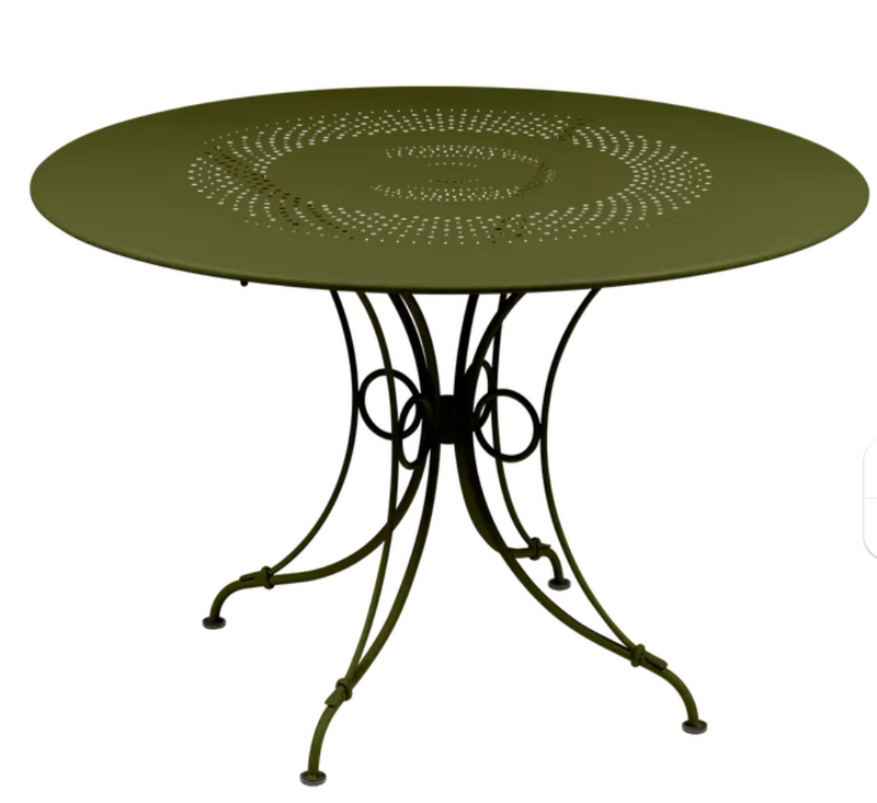 Load image into Gallery viewer, Fermob 1900 outdoor round table with 117cm diameter in green, suitable for garden or patio outdoor furniture.