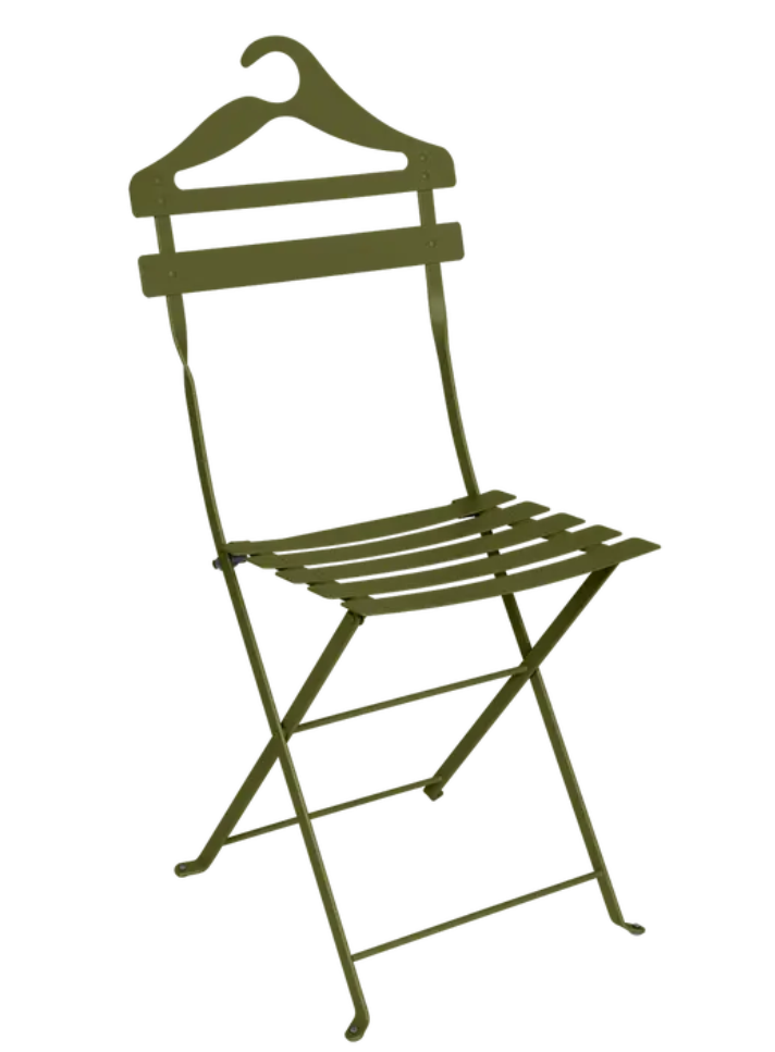 Load image into Gallery viewer, Fermob Pesto Green Bistro Valet Folding Chair with metal frame and hanging design, ideal for outdoor or patio seating.
