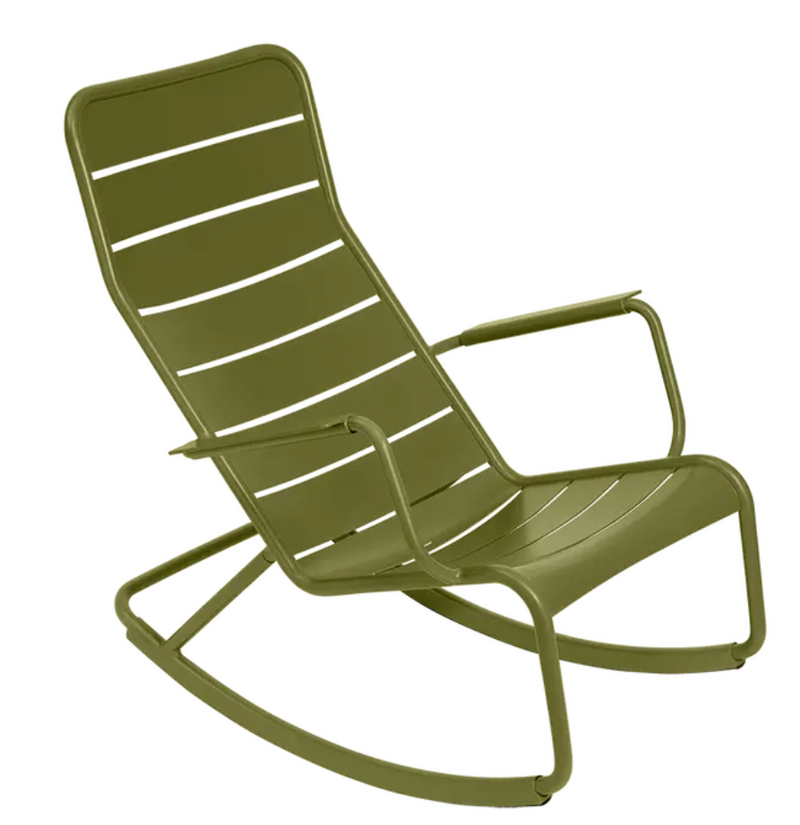 Load image into Gallery viewer, Fermob Luxembourg outdoor rocking chair with green aluminum frame and slatted seat, designed for comfortable outdoor relaxation.