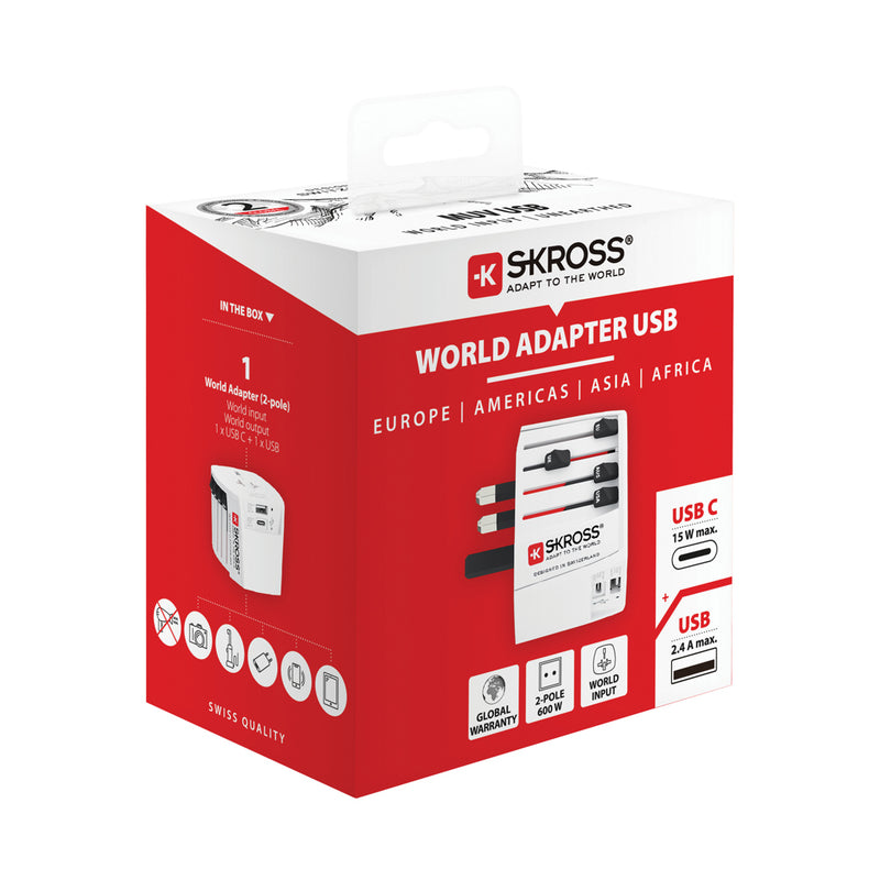 Load image into Gallery viewer, Skross SKROSS World Travel Adapter MUV with USB A and C ports for phone and tablet charging, compact travel power adapter.