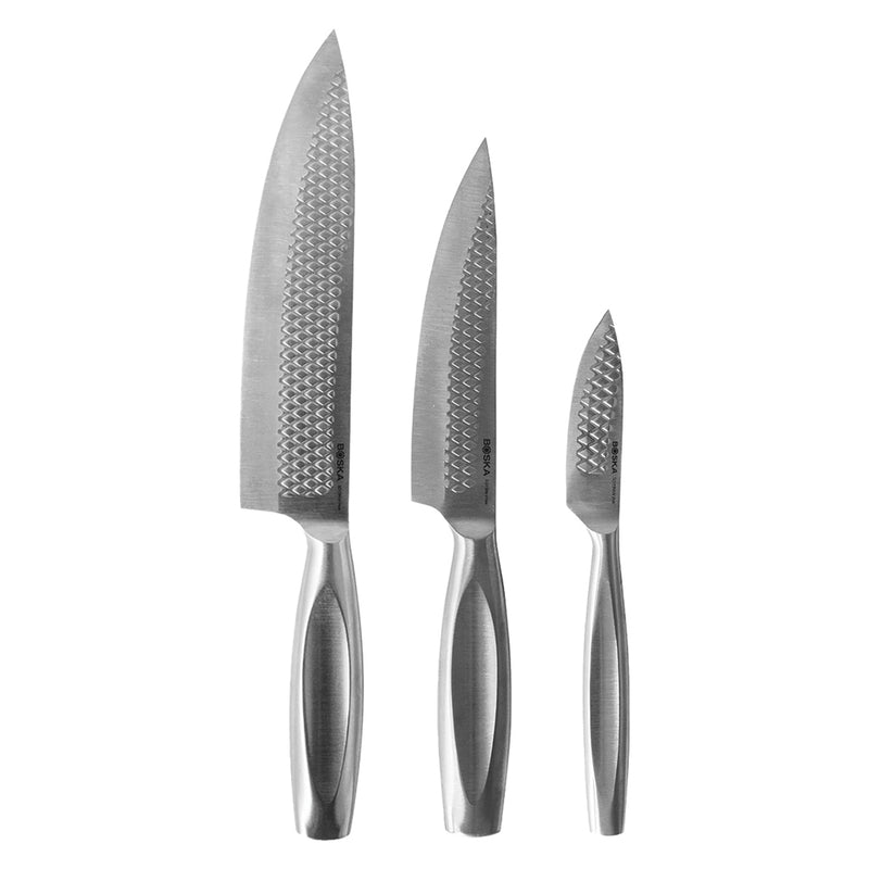 Load image into Gallery viewer, Set of three Boska Monaco+ kitchen knives with black handles, ideal for home cooking and food prep.