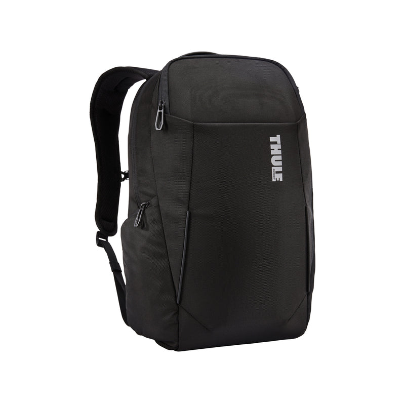 Load image into Gallery viewer, Thule Accent Recycled Backpack 23L in black, showing front view with zippered compartments and padded shoulder straps.