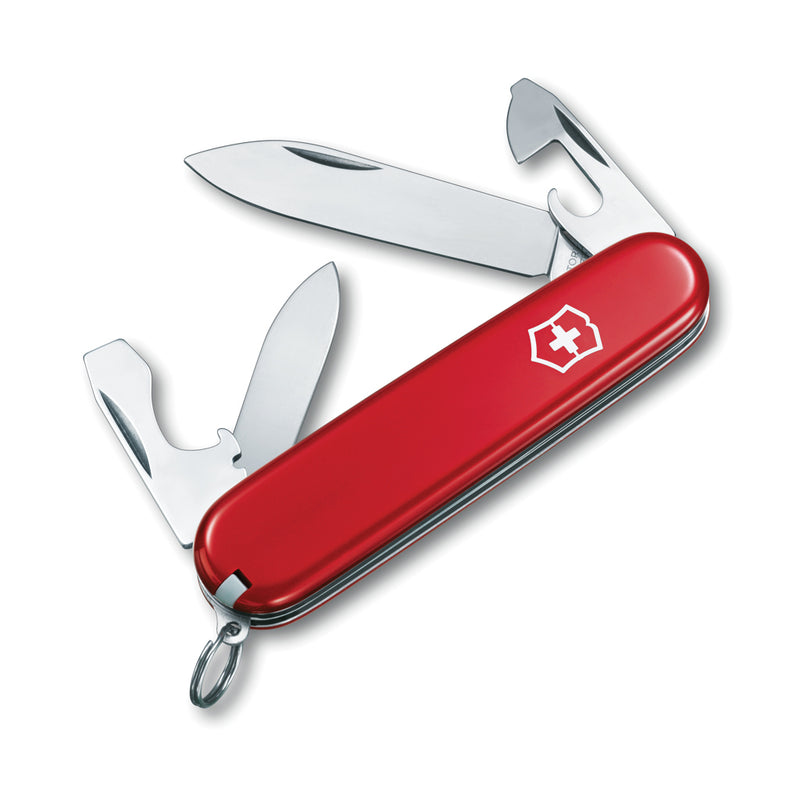 Load image into Gallery viewer, Victorinox Swiss Army Recruit pocket knife with 10 tools, showing open blades and multi-tool features on a neutral background.