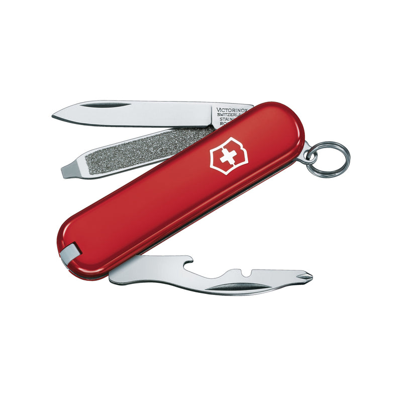Load image into Gallery viewer, Small Victorinox Rally pocket knife with 9 tools, including blades and screwdrivers, displayed open showing its multifunctional design.