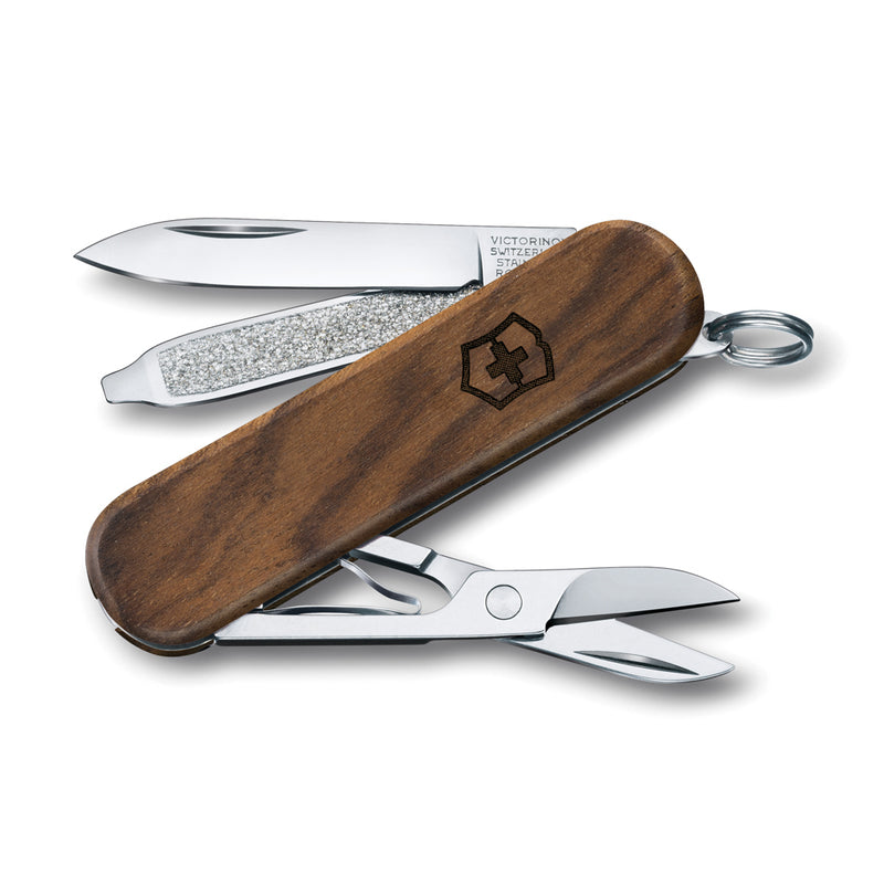 Load image into Gallery viewer, Victorinox Pocket Knife Classic SD with wood handle, featuring 5 functions including blade, scissors, and screwdriver.