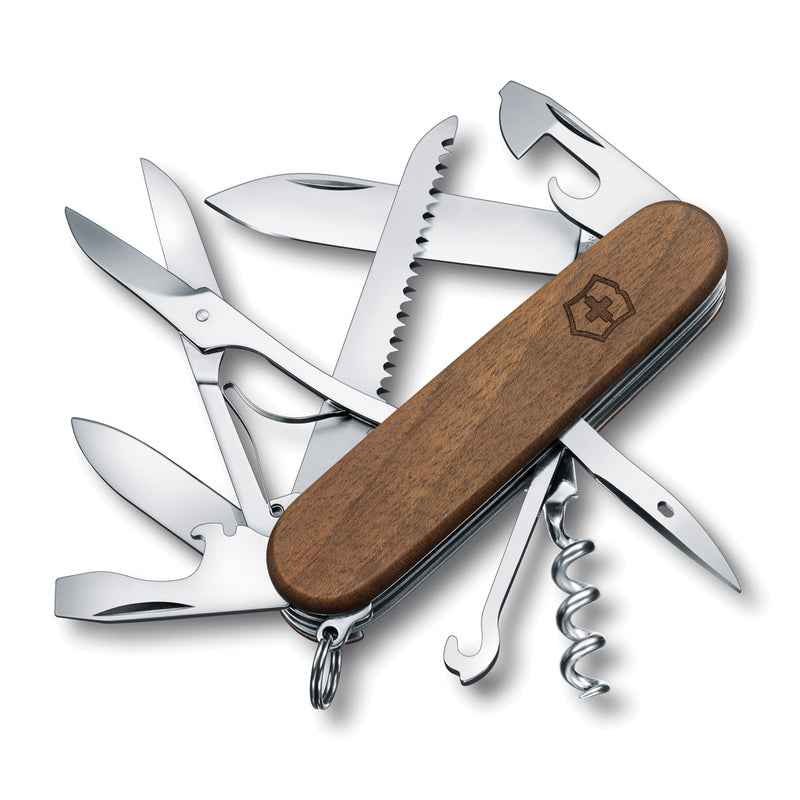 Load image into Gallery viewer, Victorinox Huntsman Wood pocket knife with 13 functions, featuring a wooden handle and multiple tools for outdoor and everyday use.