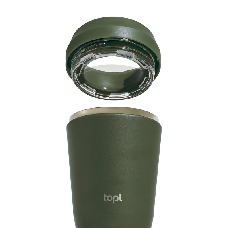 Load image into Gallery viewer, Topl recycled steel to-go tumbler with 360 lid, 354ml drinkware, showcasing sleek stainless steel design and patented lid.