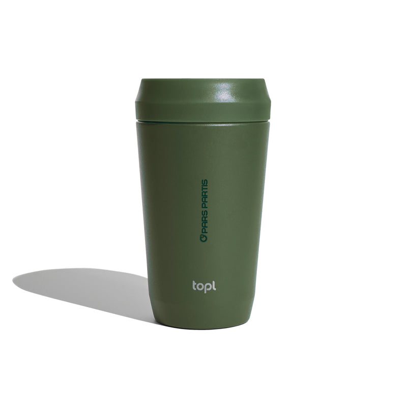 Load image into Gallery viewer, Topl recycled steel to-go tumbler with patented 360 lid, 354ml drinkware, shown with a sleek stainless steel finish.