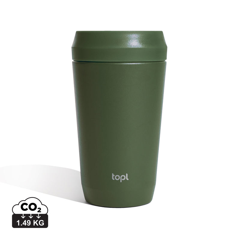 Load image into Gallery viewer, Topl recycled steel to-go tumbler with patented 360 lid, 354ml drinkware, showing the stainless steel exterior and lid design.