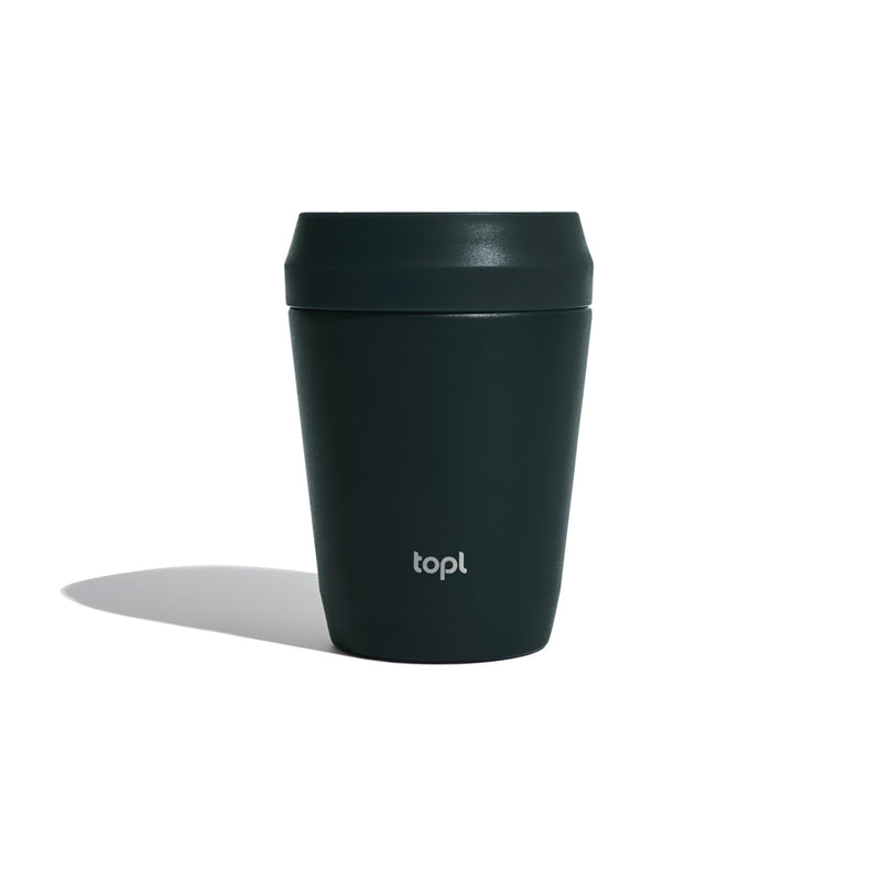 Load image into Gallery viewer, Topl recycled steel to-go tumbler with patented 360 lid, 235ml drinkware, shown with stainless steel finish and secure lid.