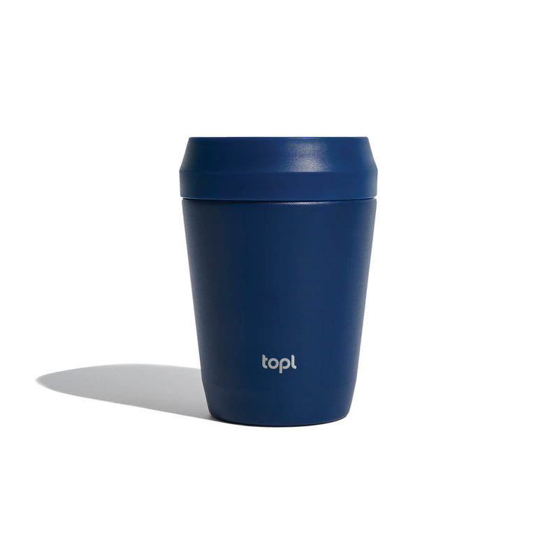 Load image into Gallery viewer, Topl recycled steel to-go tumbler with 360 patented lid, 235ml capacity, featuring a sleek stainless steel drinkware design.