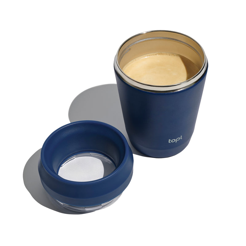 Load image into Gallery viewer, Topl recycled steel to-go tumbler with 360-degree lid, 235ml capacity, featuring sleek stainless steel drinkware design.