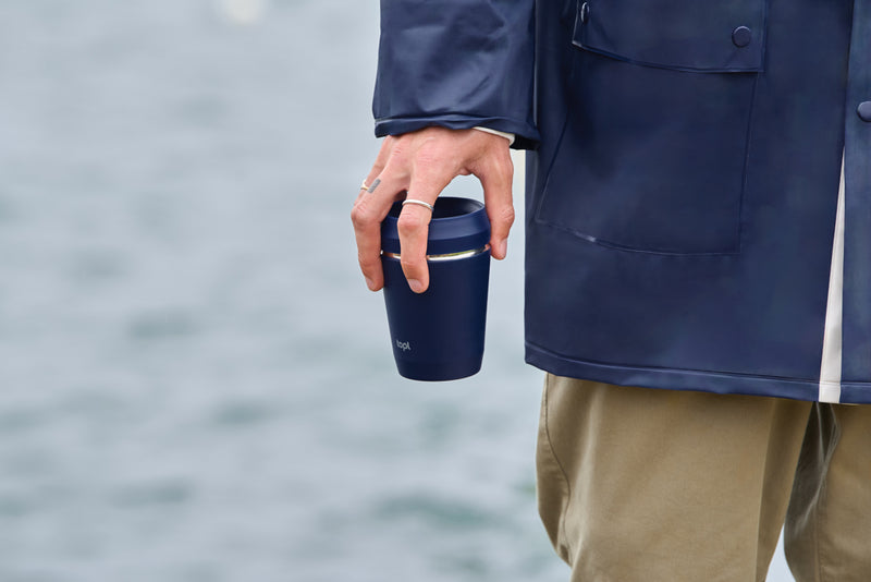 Load image into Gallery viewer, Topl recycled steel to-go tumbler with 360-degree lid, 235ml capacity, showing the stainless steel drinkware with lid and travel design.