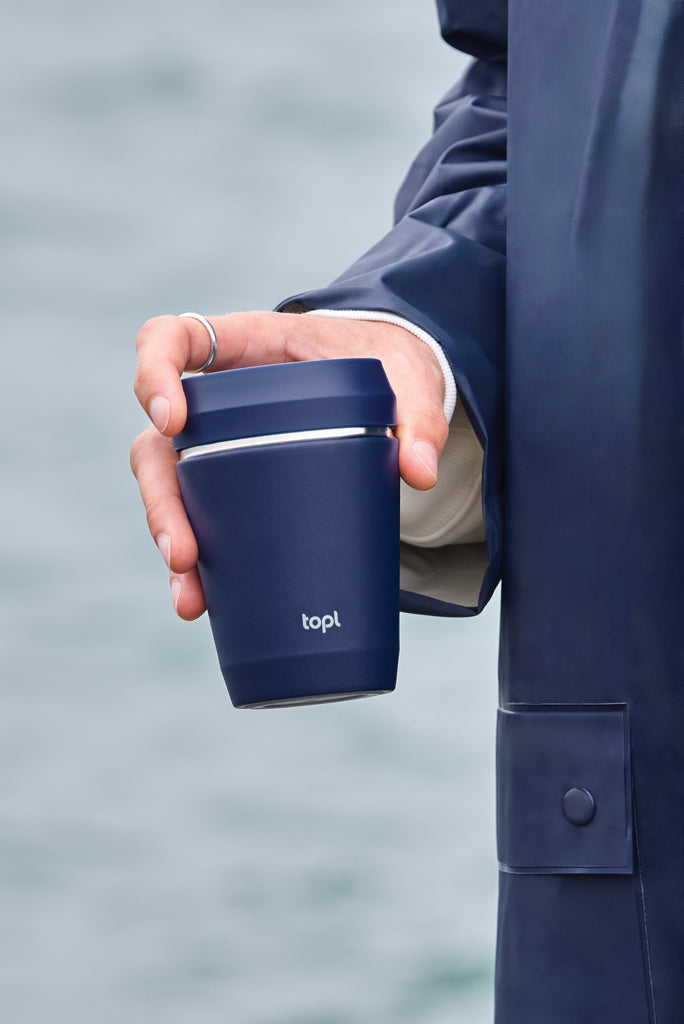 Load image into Gallery viewer, Topl recycled steel to-go tumbler with 360 lid, 235ml drinkware, showing stainless steel body and lid for eco-friendly sipping