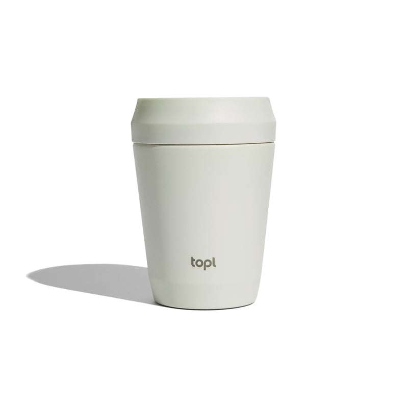 Load image into Gallery viewer, Topl recycled steel to-go tumbler with patented 360 lid, 235ml drinkware shown with stainless steel finish.