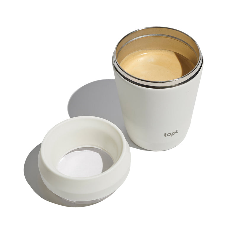 Load image into Gallery viewer, Topl recycled steel to-go tumbler with 360 lid, 235ml capacity, showing stainless steel body and spill-proof design.