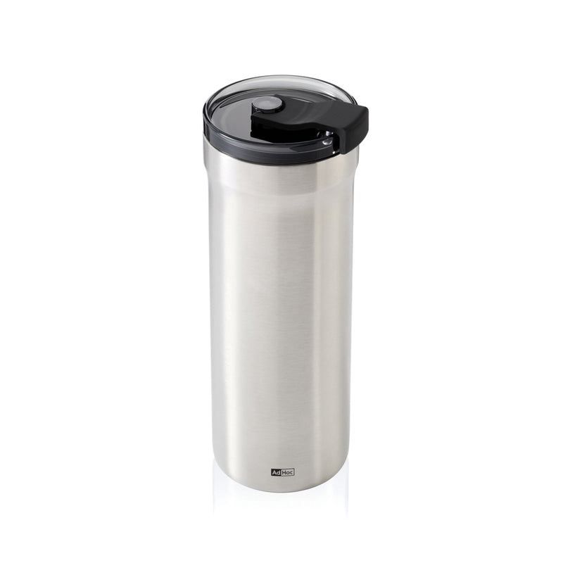 Load image into Gallery viewer, AdHoc Thermal Mug Pulse in black with stainless steel accents, designed for hot and cold beverages, on a home countertop.