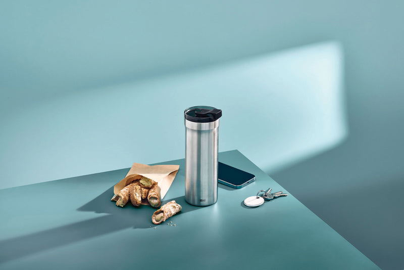 Load image into Gallery viewer, AdHoc Thermal Mug Pulse in black with stainless steel interior, designed for hot beverages, ideal for home and travel use.