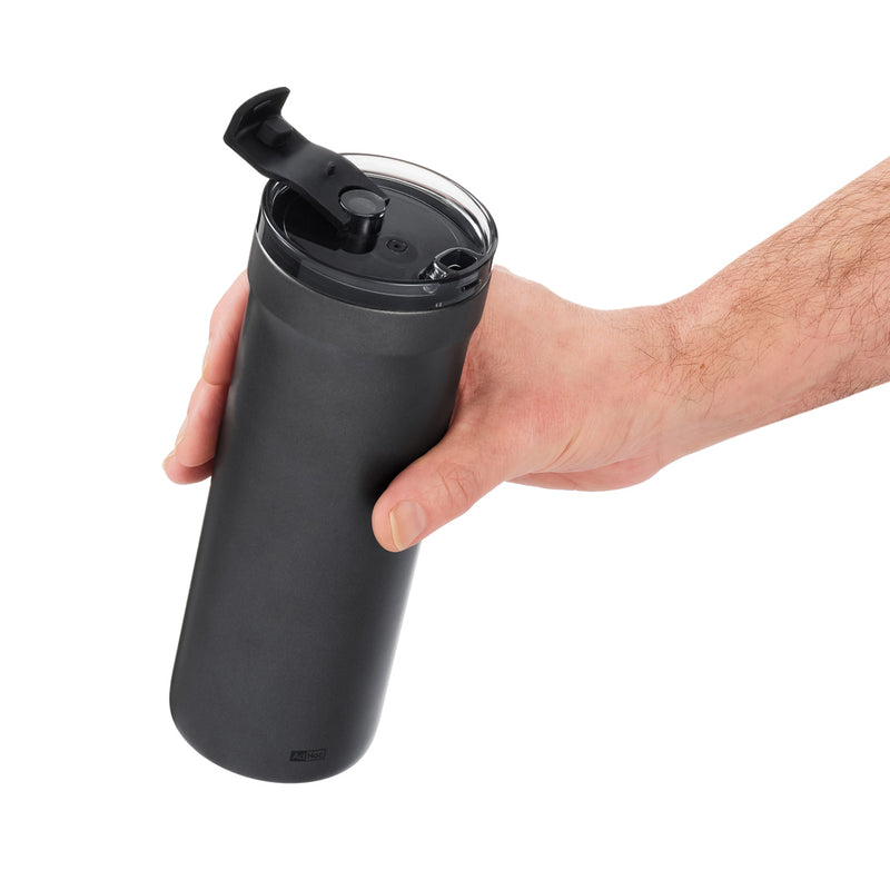 Load image into Gallery viewer, AdHoc Pulse thermal mug in black with stainless steel interior, designed for hot and cold beverages at home and on the go.