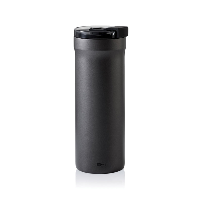 Load image into Gallery viewer, AdHoc Thermal Mug Pulse in stainless steel with black lid, designed for hot and cold beverages, perfect for home and on-the-go use.