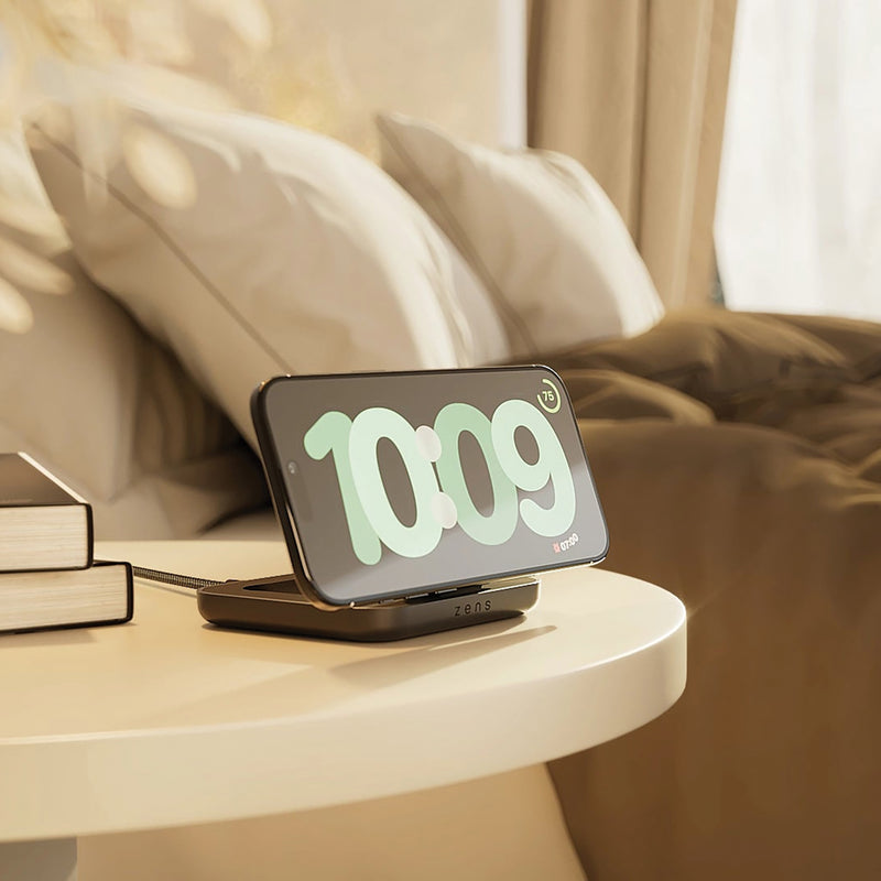 Load image into Gallery viewer, Zens Magnetic Nightstand Charger for phone and tablet, showing sleek black design with magnetic charging pad.