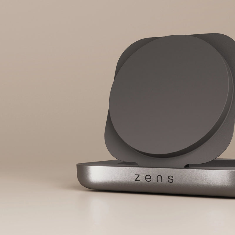 Load image into Gallery viewer, Zens Magnetic Nightstand Charger for phones and tablets, black with magnetic charging pad, compact and modern design.