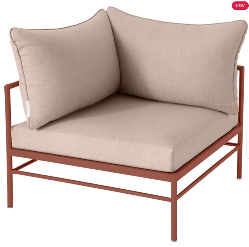 Load image into Gallery viewer, Red ochre Rivage corner armchair from Fermob's outdoor metal sofa collection with woven twine details.