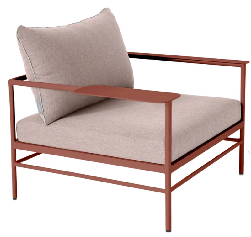 Load image into Gallery viewer, Red Fermob Rivage low armchair with metal frame, suitable for outdoor garden furniture, featuring a modern design.