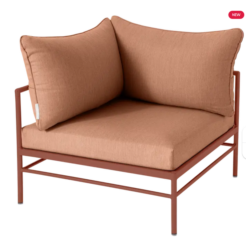 Load image into Gallery viewer, Red peach Fermob Rivage corner armchair for outdoor corner sofa with metal frame and plush cushions.