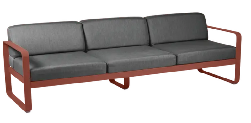Load image into Gallery viewer, Red Ochre Fermob Bellevie 3-seater outdoor sofa with grey fabric cushions, metal frame, perfect for outdoor seating.