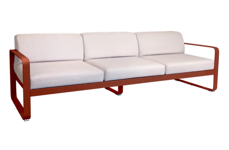 Load image into Gallery viewer, Red Ochre Fermob Bellevie 3-seater outdoor sofa with off-white cushions, metal frame, perfect for garden or patio seating.