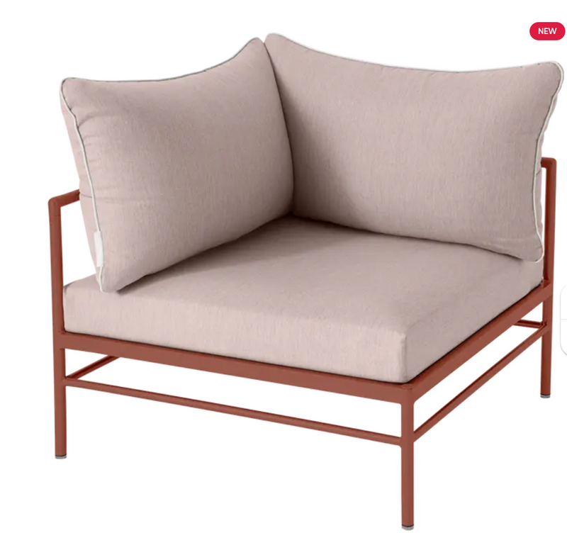 Load image into Gallery viewer, Red ochre Fermob Rivage corner outdoor armchair with metal frame, showcasing its stylish and comfortable design.