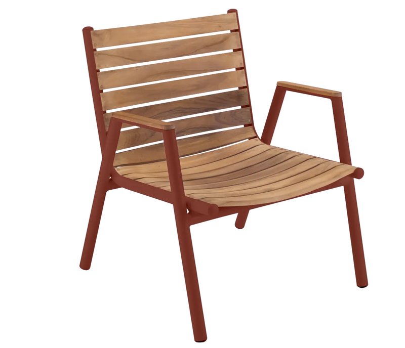 Load image into Gallery viewer, Red Ochre Fermob Pilotis teak outdoor armchair with low armrest, showcasing solid teak construction and modern design.