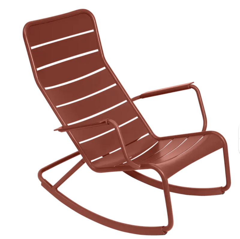 Load image into Gallery viewer, Red Ochre Fermob Luxembourg outdoor rocking chair with aluminum frame, stylish and comfortable for garden or patio seating.