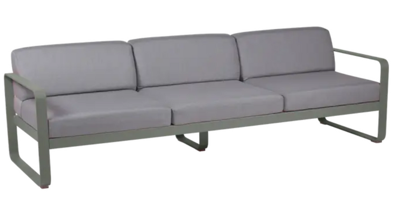 Load image into Gallery viewer, Fermob Bellevie 3-seater outdoor sofa with metal frame and grey rosemary flannel cushions, perfect for garden or patio seating.