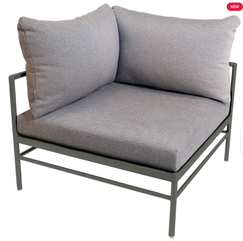 Load image into Gallery viewer, Fermob Rivage corner outdoor armchair with metal frame, featuring a striped rosemary and white Straciatella fabric design.