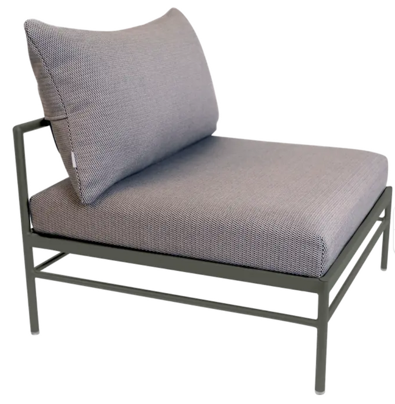 Load image into Gallery viewer, Rivage Low Chair by Fermob, outdoor metal sofa with a Rosemary Straciatella cushion, stylish outdoor furniture for garden or patio.