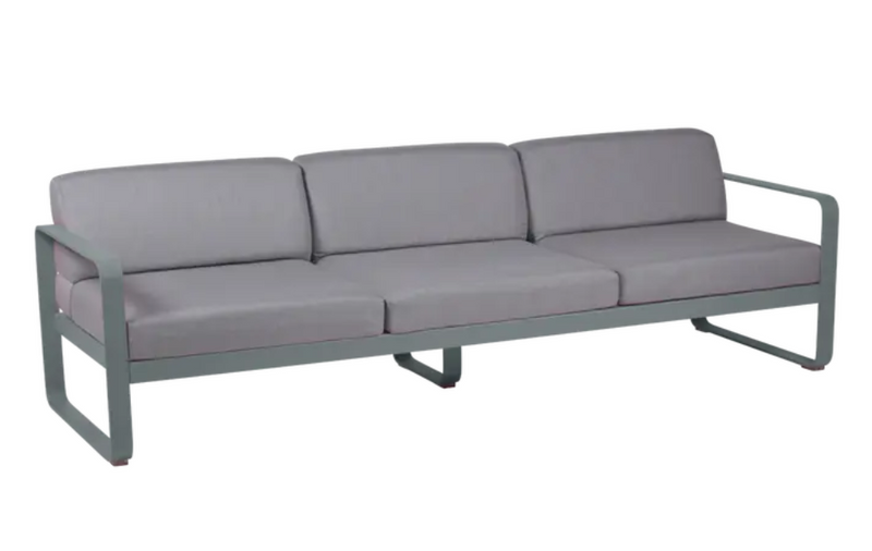 Load image into Gallery viewer, Fermob Bellevie 3-seater outdoor sofa with Storm Grey metal frame and Flanel Grey cushions, designed for outdoor contract furniture.